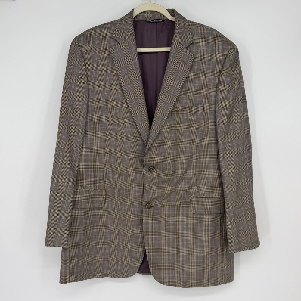 Jack‎ Victor 43R Wool Silk Blazer Brown Glen Plaid Sport Coat Luxury SPJ